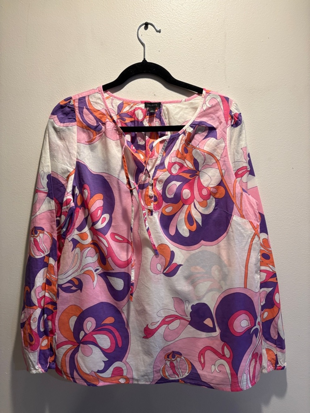 Talbots Sheer Retro Swirl Pink, Purple & Orange Floral Tie-Neck Tunic Top